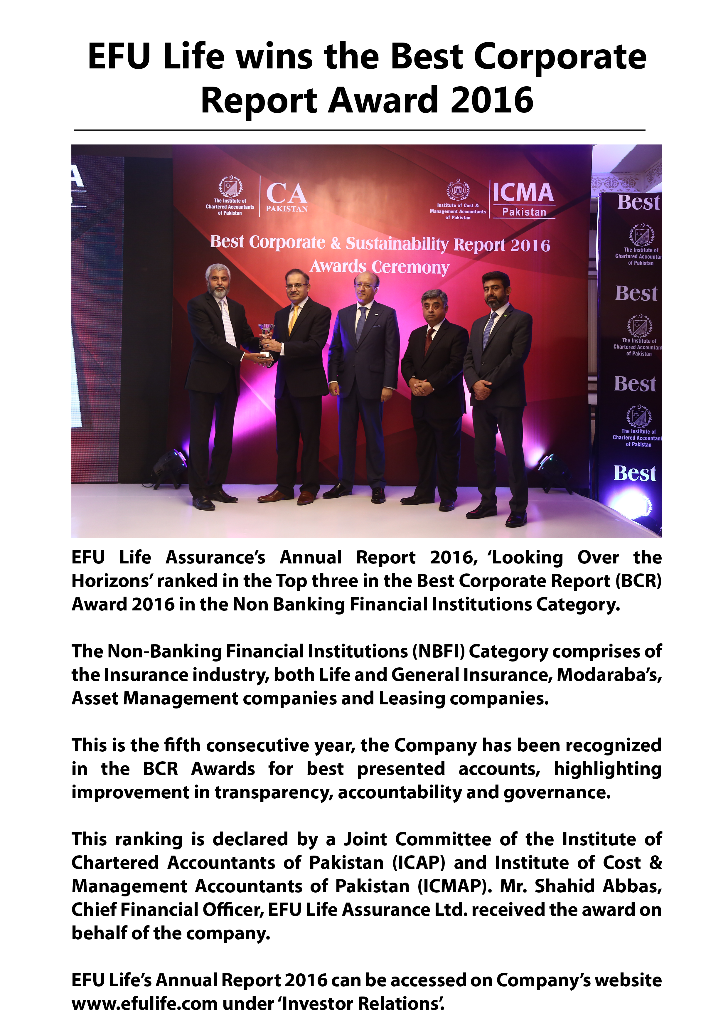 EFU Life wins the Best Corporate Report Award 2016 EFU